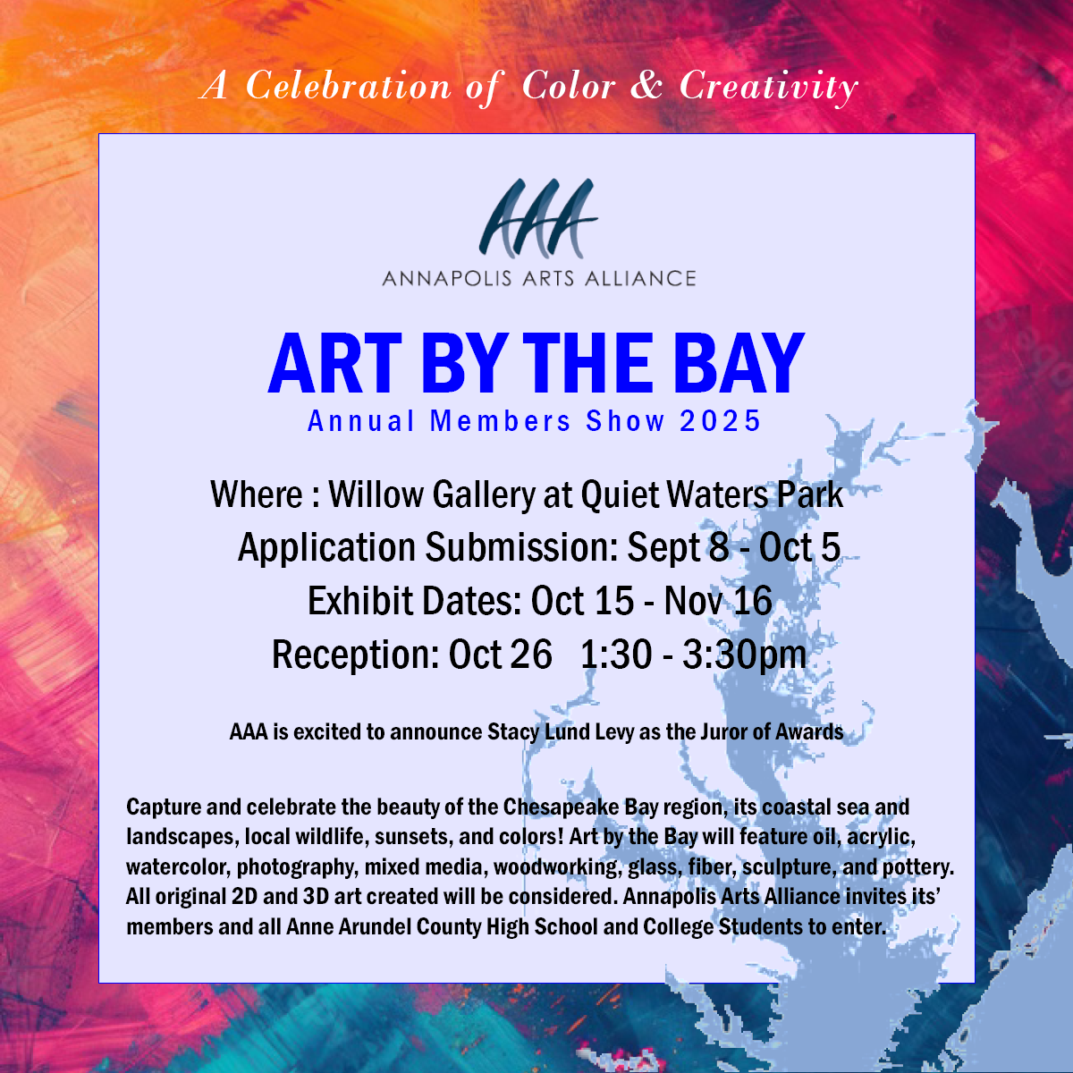 Colorful ad for the event called Art by The Bay sponsored by Annapolis Arts Alliance